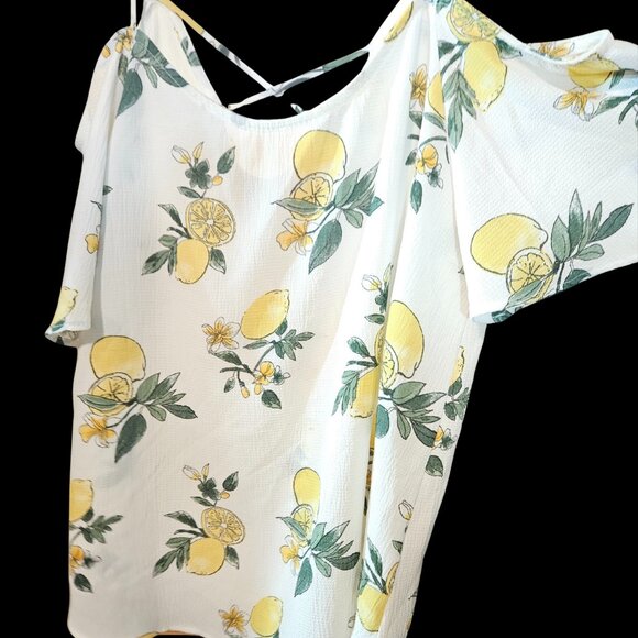 Kaileigh Lemon Print Cold Shoulder Top Women’s Large - Picture 1 of 6